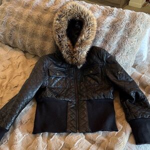 Black Quilted Women's Leather Jacket with Faux Fur Hood